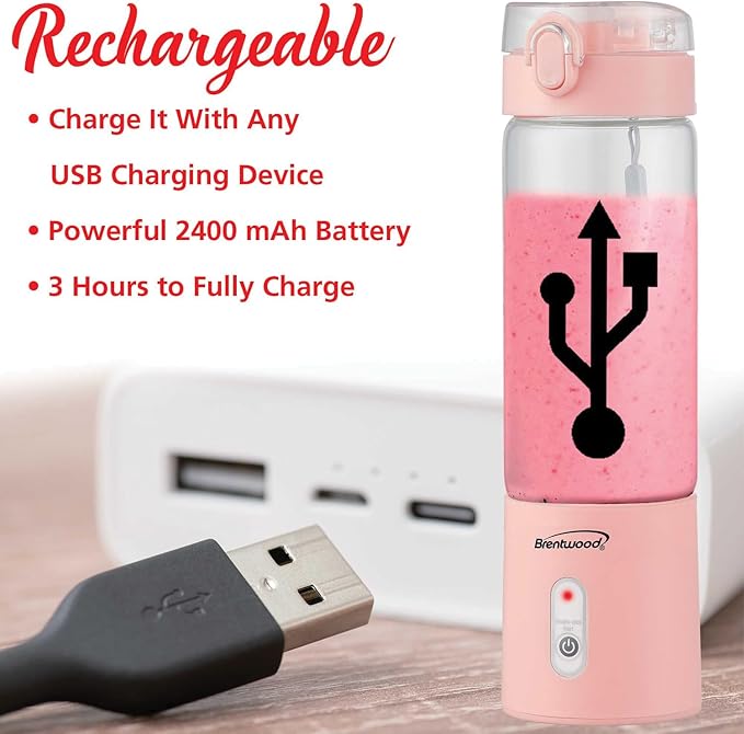 Brentwood 50-Watt 17-Oz. Portable Battery-Operated USB-Chargeable Glass Blender (Pink)