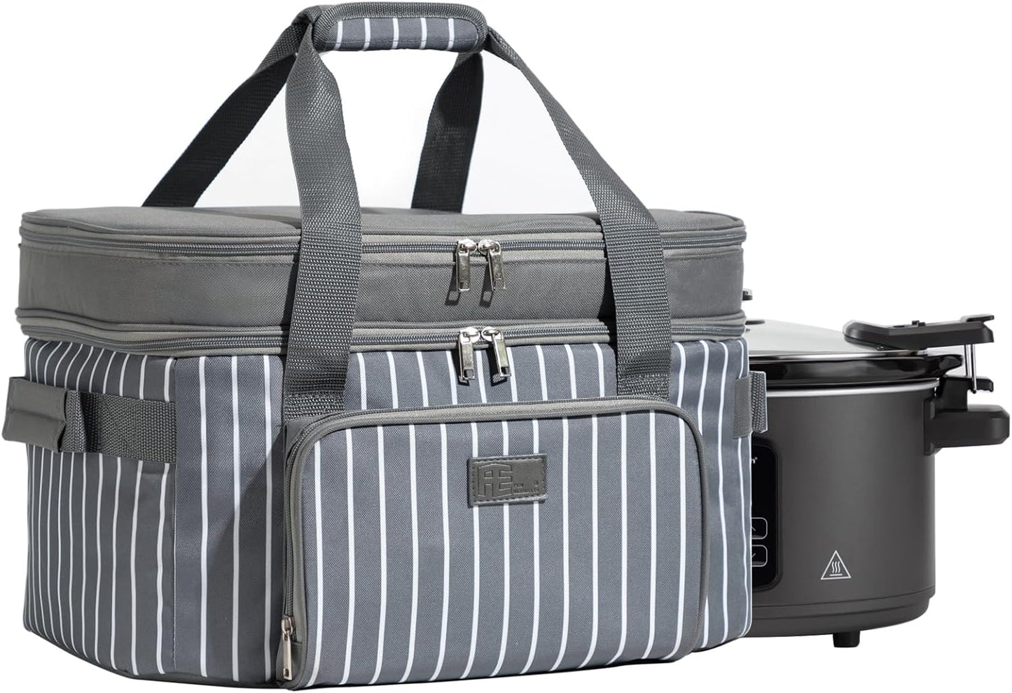 Fun Elements Double Layer Slow Cooker Carrier Bag for 6-8 Quart Oval Crock-Pot, Insulated Crock Pot Travel Bag with Support Pad and Adjustable Straps, Top Zip Compartment and Front Pocket for Utensils