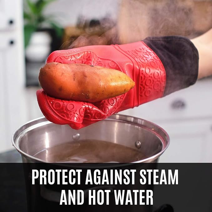 Homwe Silicone Oven Mitts and Potholders (4-Piece Sets) Heavy Duty Cooking Gloves, Kitchen Counter Safe Trivet Mats | Advanced Heat Resistant, Non-Slip Textured Grip Pot Holders(Red)