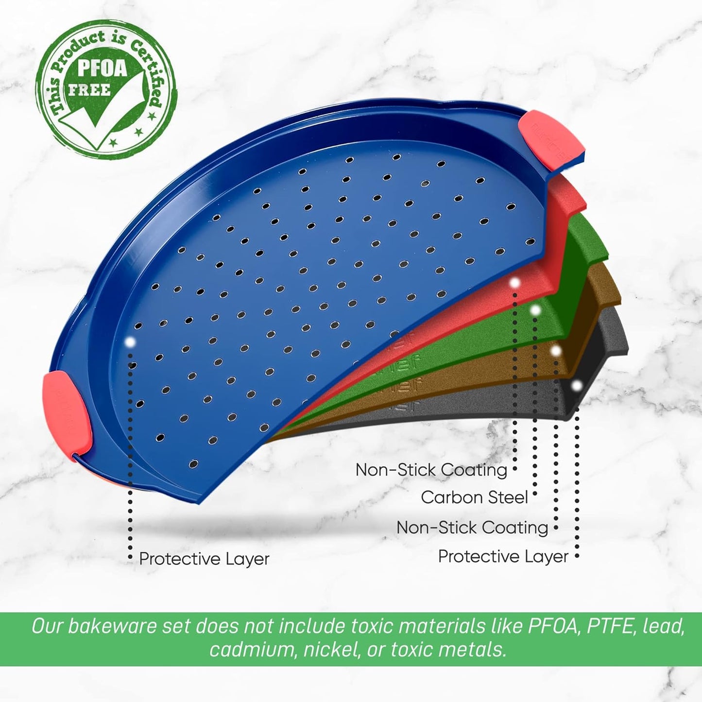 NutriChef 13-Inch Nonstick Pizza Tray - Round Carbon Steel Non-Stick Pizza Baking Pan with Perforated Holes, Premium Bakeware Pizza Screen with Silicone Grip Handles, Dishwasher Safe - Blue