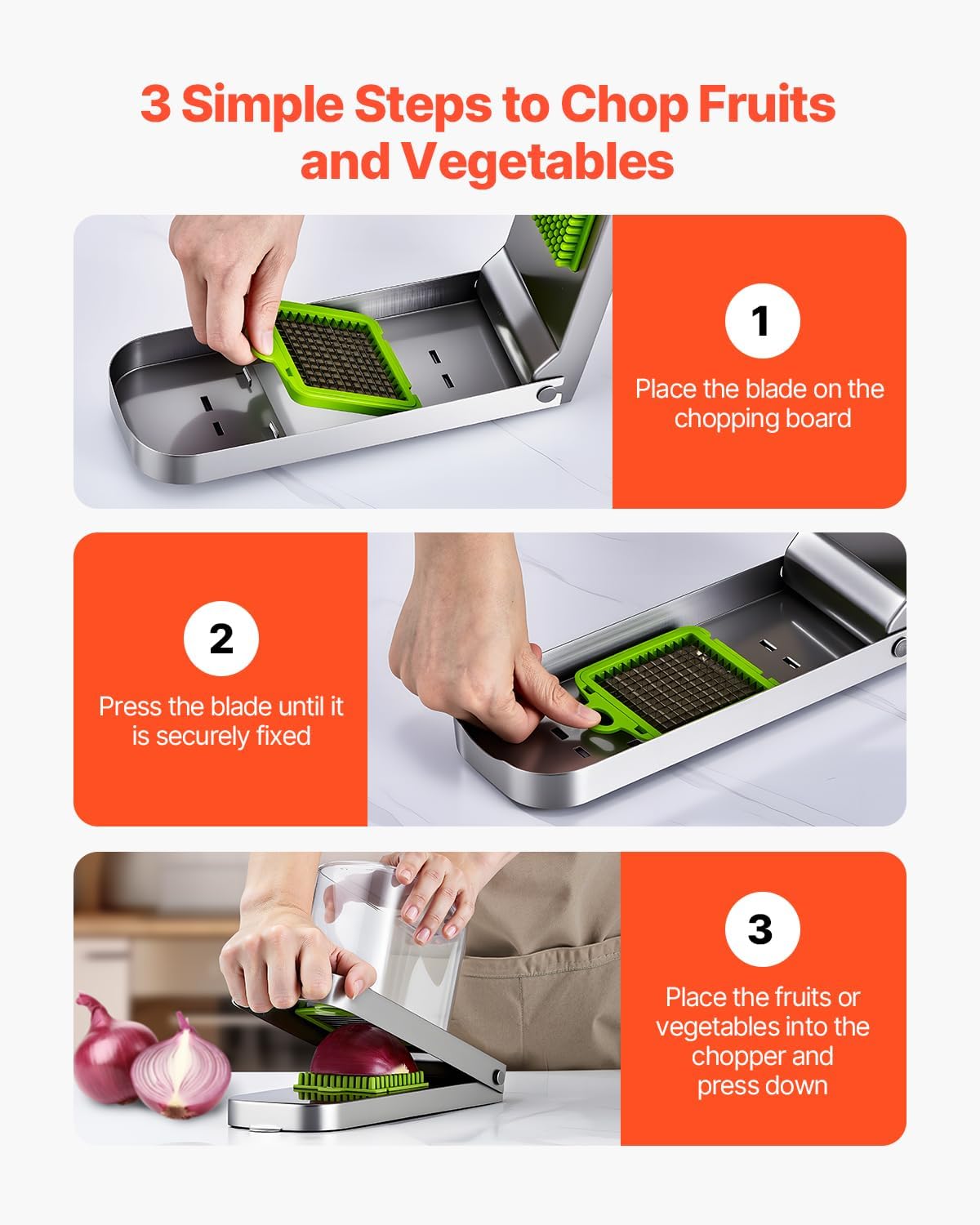 VEVOR Vegetable Chopper, Food Veggie Cutter with 3 Stainless Steel Blades, Onion Slicer with Container, Salad Potato Dicer Kitchen Gadgets & Essentials Home Appliances Tools for Easy DIY, Silver
