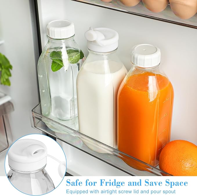 4 Pack 1 Liter Glass Milk Bottles w Scale, 100% Airtight Heavy Duty Screw Lid - 32 Oz Drinking Jars w 2 Pour Spouts - Glass Bottles for Milk, Honey, Jam, Creamer - Dishwasher Safe(Extra 2 Lids)