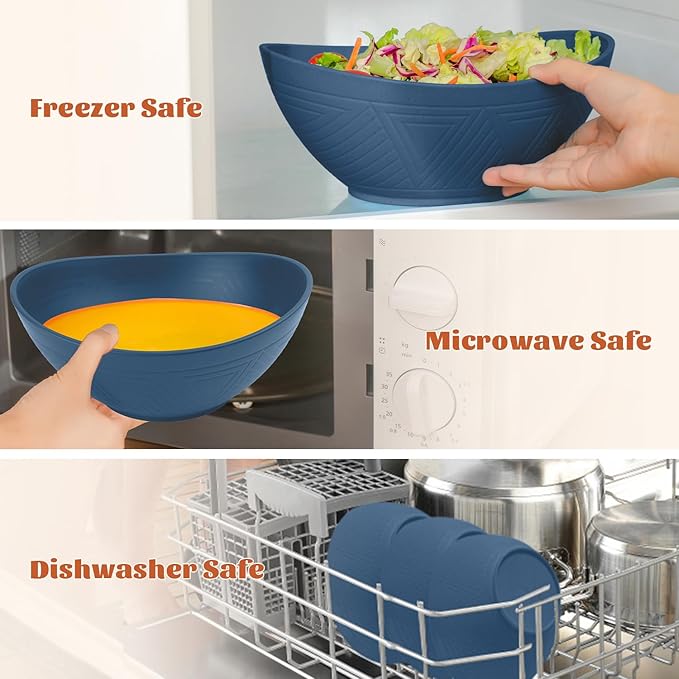 Homienly Wheat Straw Bowl Set of 6-60 OZ Large Salad Bowls,Microwave and Dishwasher Safe Bowl Set, Alternative for Plastic Bowls for Serving Soup,Popcorn Bowl for Kitchen - Blue