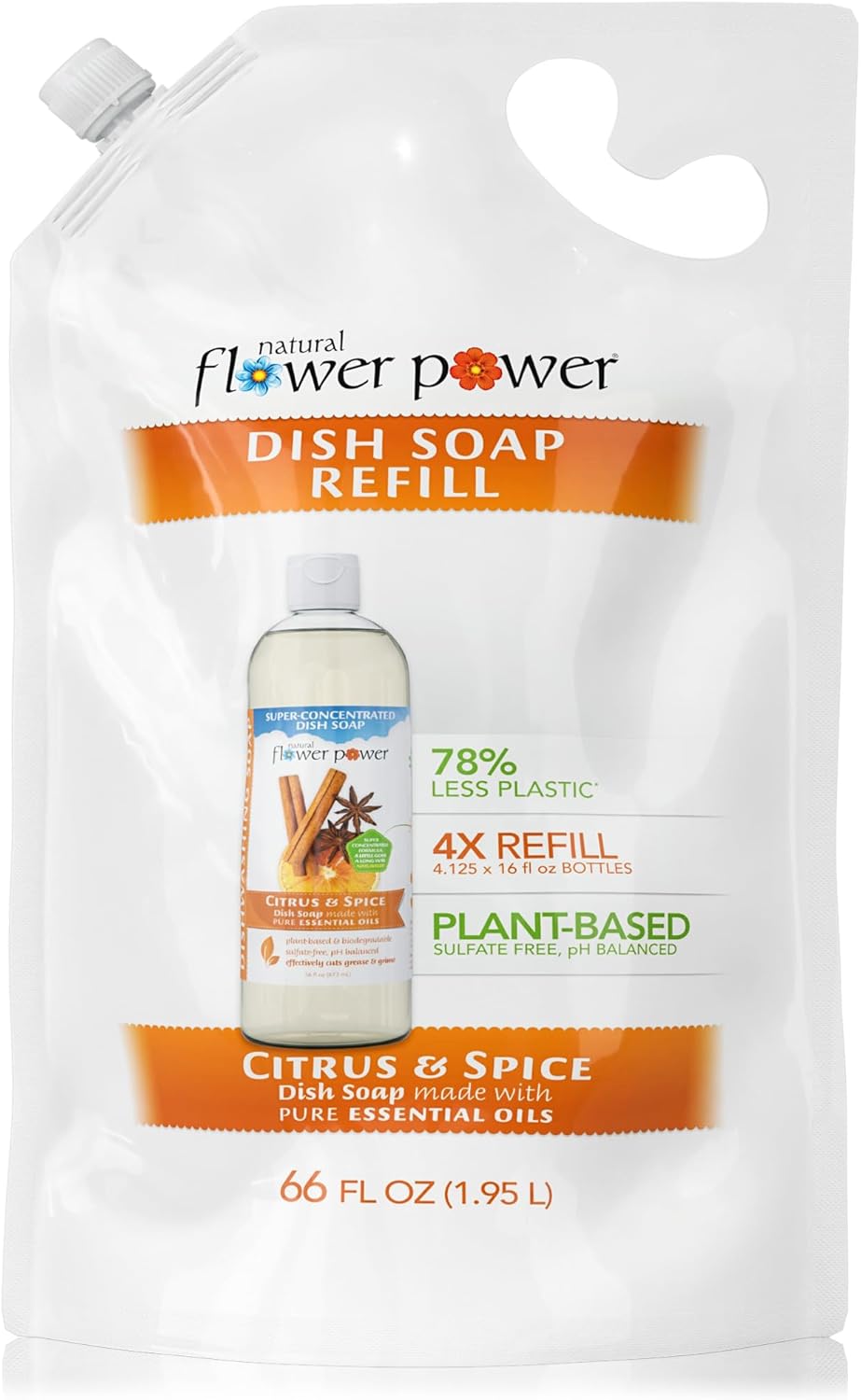 Liquid Dish Soap Refill – 66 Fl Oz Refills 4X – Plant-Based & Scented w/Pure Essential Oils – Natural Dishwashing Detergent – Sulfate-Free Kitchen Soap (Citrus & Spice)