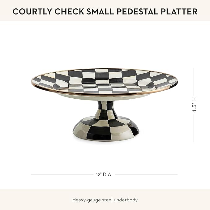 MACKENZIE-CHILDS Enamel Pedestal Serving Platter, Decorative Serving Dish for Food, Small, Black-and-White Courtly Check