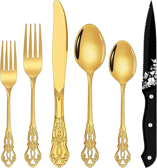 Gold Silverware Set, Ollex 48-Piece Retro Royal Flatware Set for 8 with Anti-rust Silverware Steel Black Steak Knives and Gold Spoons Forks Utensil Set, Mirror Polished&Dishwasher safe