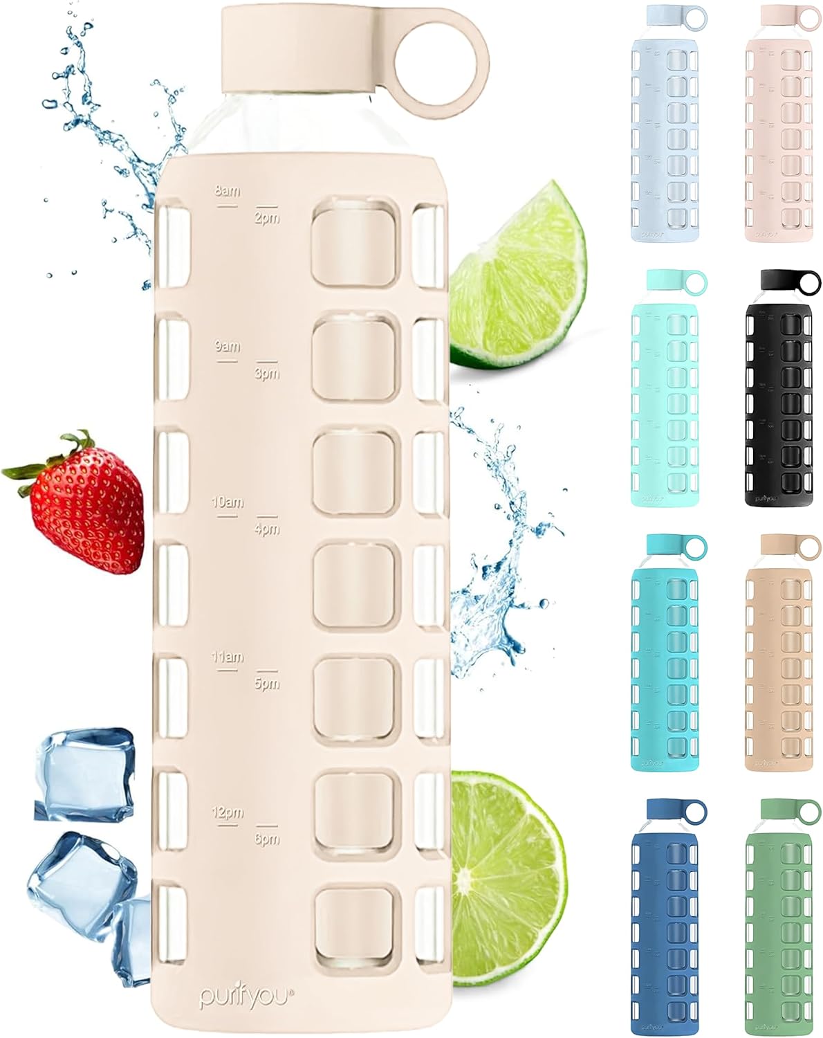 purifyou 40oz / 32oz / 22oz / 12oz Borosilicate Glass Water Bottle with Time & Volume Markers, Silicone Sleeve, Stainless Steel Lid – Reusable Glass Bottle for Water & Juice (32oz Pearled Ivory)