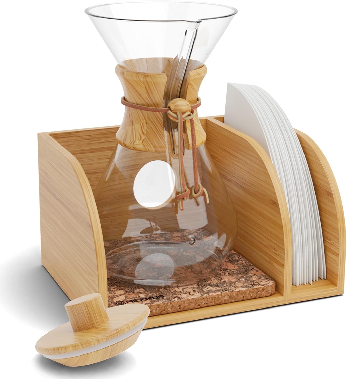 HEXNUB – Caddy and Lid for Pour Over Coffee Maker, Bamboo Stand fits Chemex, Bodum, Cosori Coffee Carafes, Heatproof Mat, Filter Holder for Drip Coffee Maker - Cork Mat
