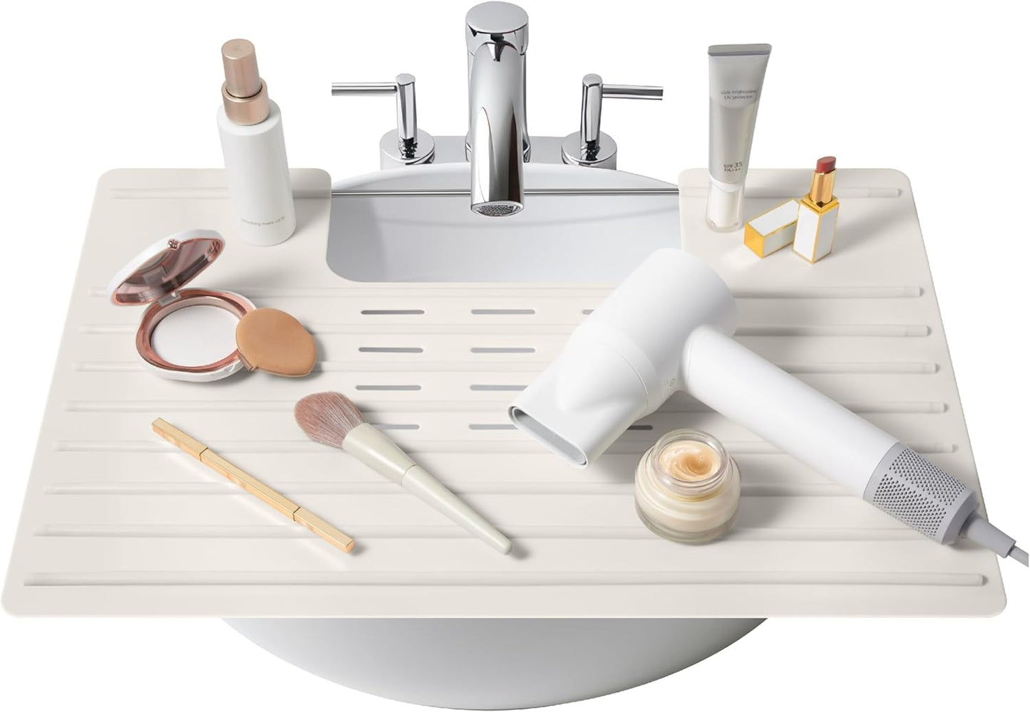 Maplefield Bathroom Sink Cover for Counter Space, Heat Resistant Silicone Sink Mat for Your Beauty Routine, Small Bathroom Space Saver Sink Cover for Makeup (Taupe Large, 22 x 2 x 2 Inches)
