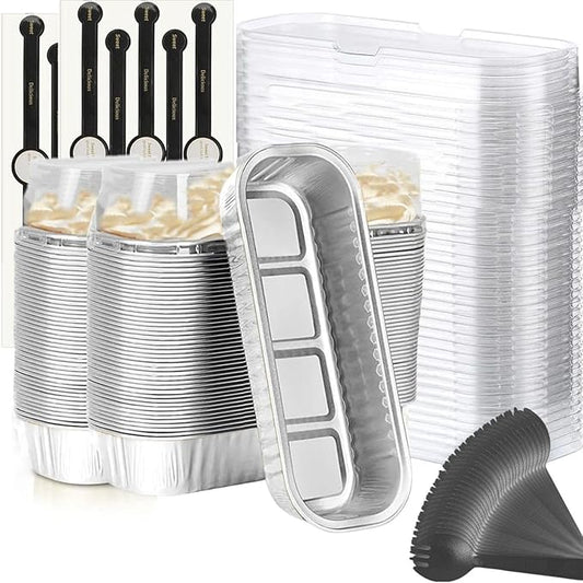 Findful Mini Loaf Baking Pans with Lids And Spoons (100 Pack, 6.8oz) Rectangle Aluminum Foil Baking Pans Tins Containers - Cupcake Containers Wrappers Cheesecake Creme Brulee Ramekins