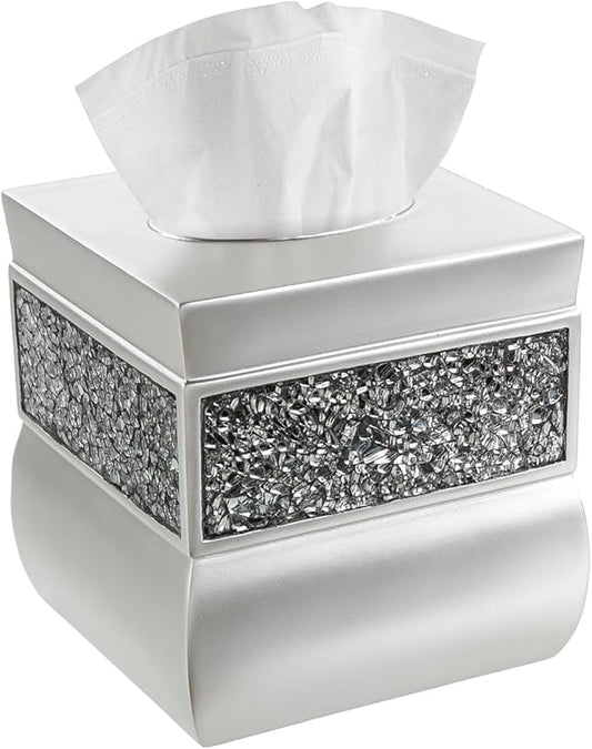 Creative Scents Crackled Glass Silver Tissue Box Cover Square - Decorative Tissue Box Holder - Tissue Holder Vessel for Bathroom with Durable Bottom Slider, Elegant Home or Bathroom Decor