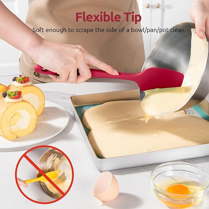 U-Taste 600ºF Heat Resistant Silicone Spatulas: Flexible Food-Grade Silicon Baking Scraper, Kitchen Cooking Mixing Utensils with Upgraded Sturdy Handle Tip for Nonstick Cookware (4-Pc., Red)