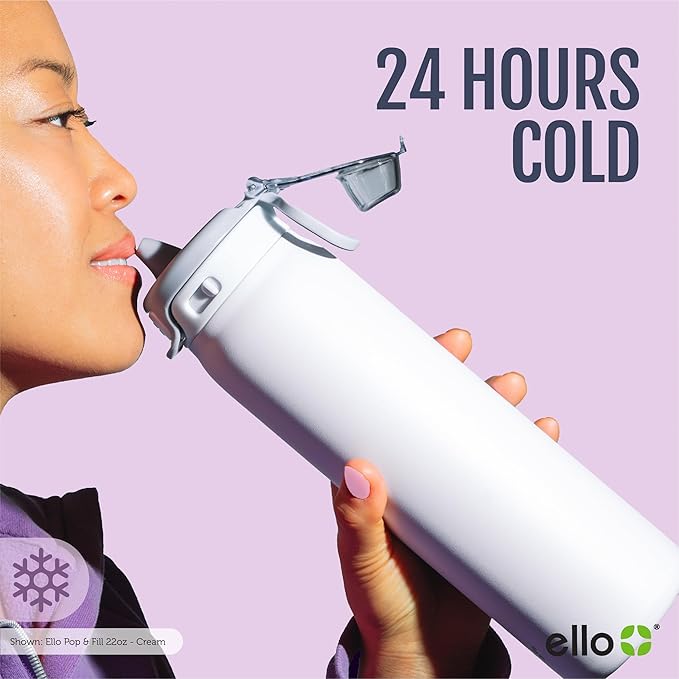 Ello Pop & Fill 22oz Stainless Steel Water Bottle with QuickFill Technology, Double Walled and Vacuum Insulated Metal, Leak Proof Locking Lid, Straw and Chug, Reusable, BPA Free, Full Bloom