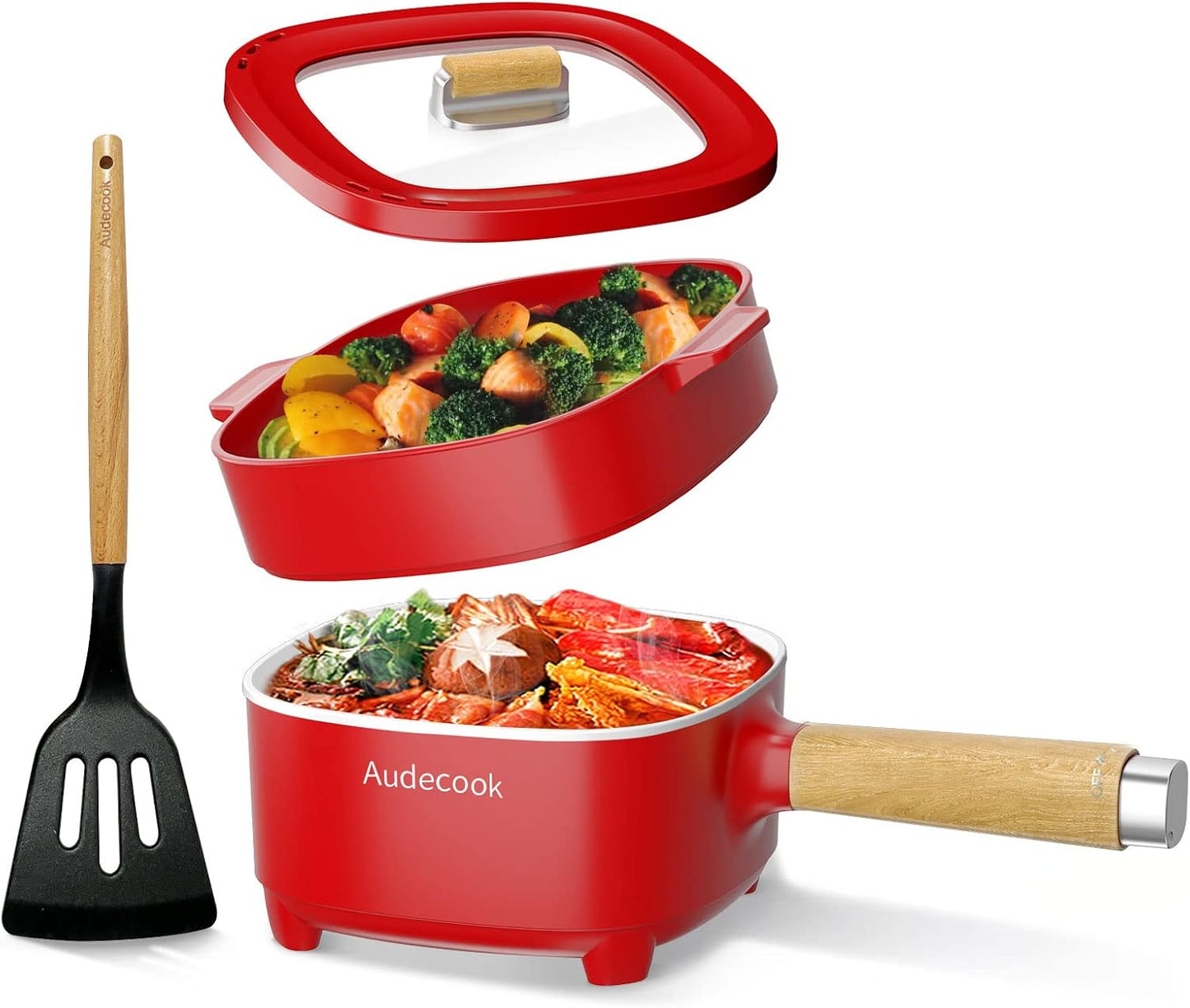 Audecook Hot Pot Electric 2L, Cermic Glaze Non-Stick Frying Pan 8 Inch, Portable Travel Cooker for Ramen/Steak/Fried Rice/Oatmeal/Soup, with Dual Power Control (Silicone Spatula Included)