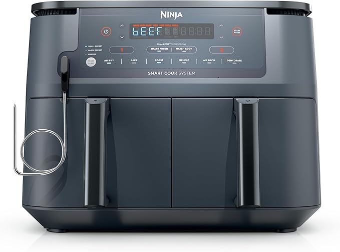 Ninja Air Fryer, Thermometer, Roast, Bake, Air Fry, Crisps, Broil, Reheats, Keep Warm, 10-in-1, Fries, Frozen Food, Veggies, and Meat, Quick Meals, Healthy Meals, Less Oil, 10 QT, GREY, DZ550GY