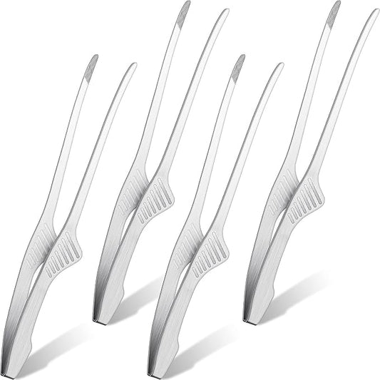 Patelai Korean and Japanese BBQ Tongs Non Slip Cooking Utensils Stainless Steel Tongs for Serving Food, Salad, Camping, Barbecue, Buffet, Oven with Support Stand(Silver,4 Pieces)
