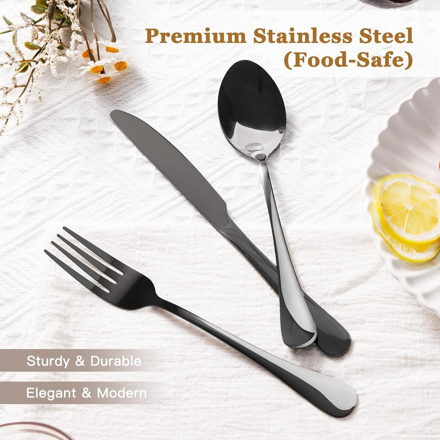 Astercook Silverware Set 48-Piece Black Flatware Set with Steak Knives Food-Grade Stainless Steel Cutlery Set for 8 Mirror Polished Utensils Set Include Spoons and Forks for Home Kitchen Restaurant