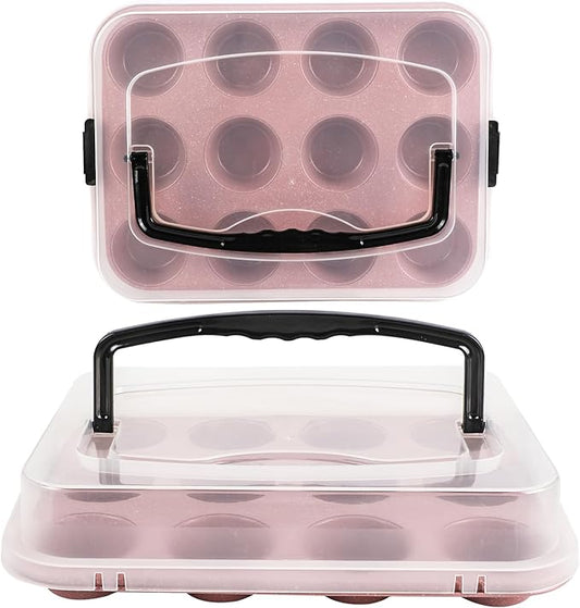 2-Pack Pink Cupcake Pan with Lid, 12-Cup Nonstick Cupcake Baking Pan with Handle for Easy Baking and Travel – Perfect Cupcake Pan for Parties, Birthdays, and Gifting