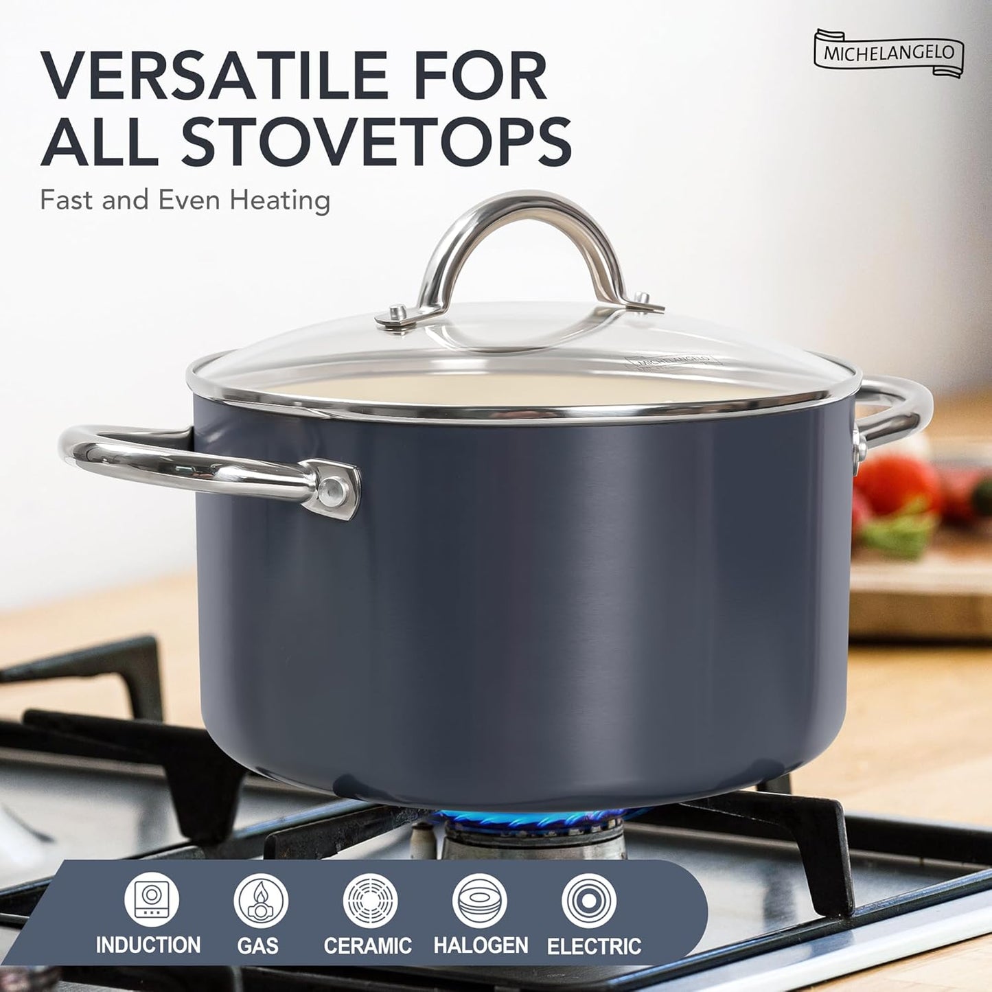 MICHELANGELO Stock Pot with Lid, 6 Quart Soup Pot with Ceramic Coating, Nonstick Ceramic Cooking Pot, Induction Compatible Stockpot - 6QT, Haze blue