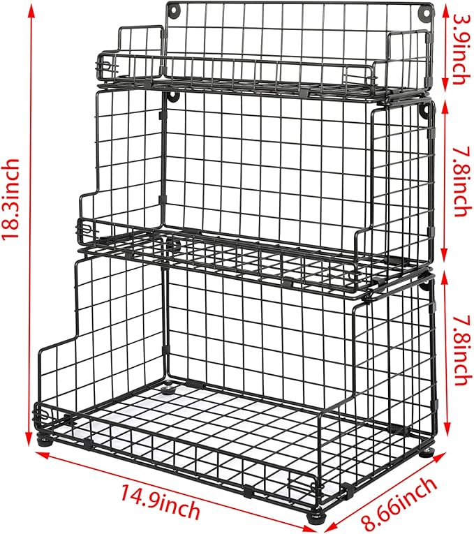 X-cosrack Stackable Wire Basket 3 Tier Countertop& Wall Mounted Metal Storage Basket for Kitchen Pantry Cabinet, Muti-functional Open Front Bin Organizer for Food Fruit Snack, Black
