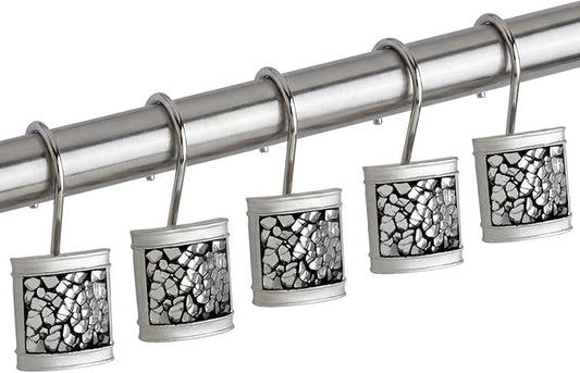 Creative Scents Crackled Glass Shower Curtain Hooks Decorative Set of 12 Silver Shower Curtain Rings for Bathroom Shower Rod - Elegant Crackled Glass Silver Bathroom Accessories