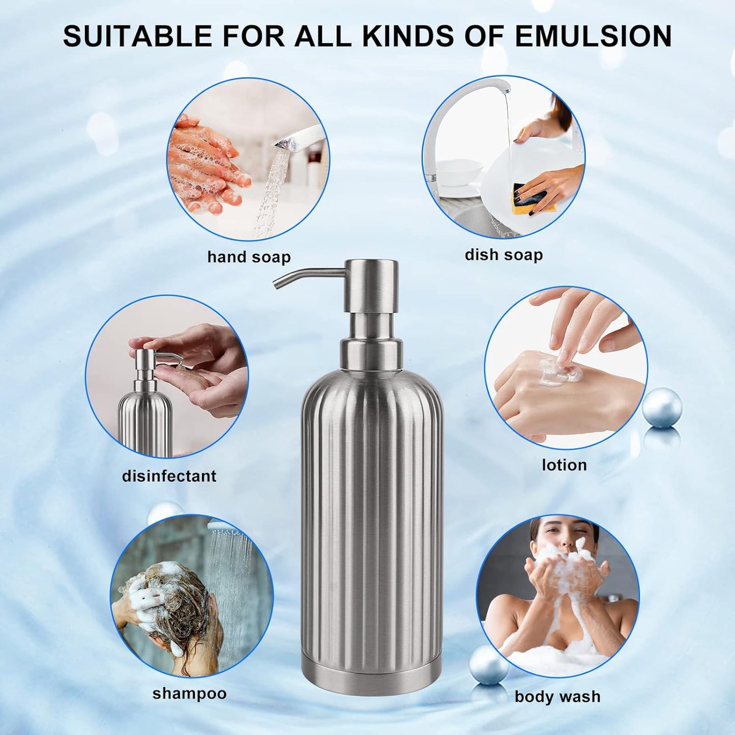 Soap Dispenser 18 Oz with Non-Slip Coaster, Stripe Design Dish Soap Dispenser Brushed Nickel, Refillable Liquid Hand Soap Dispenser for Bathroom, Kitchen Soap Dispenser Premium Stainless Steel