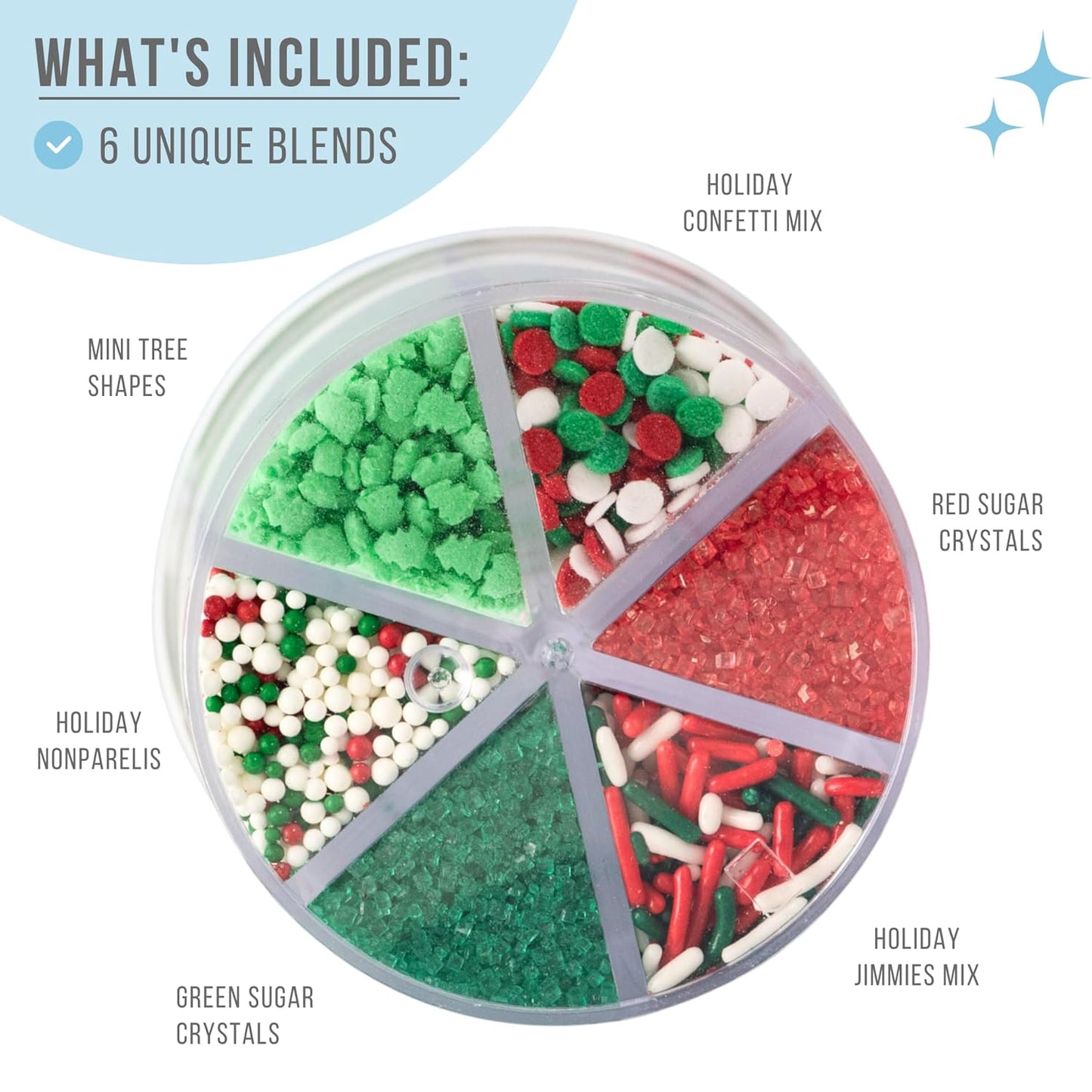 Sweets Indeed Sprinkles 6 Cell Edible Sprinkle Mix Jimmies Perfect for Cake Decorations Baking Ice Cream Cookies Cupcake Topper (Holiday)