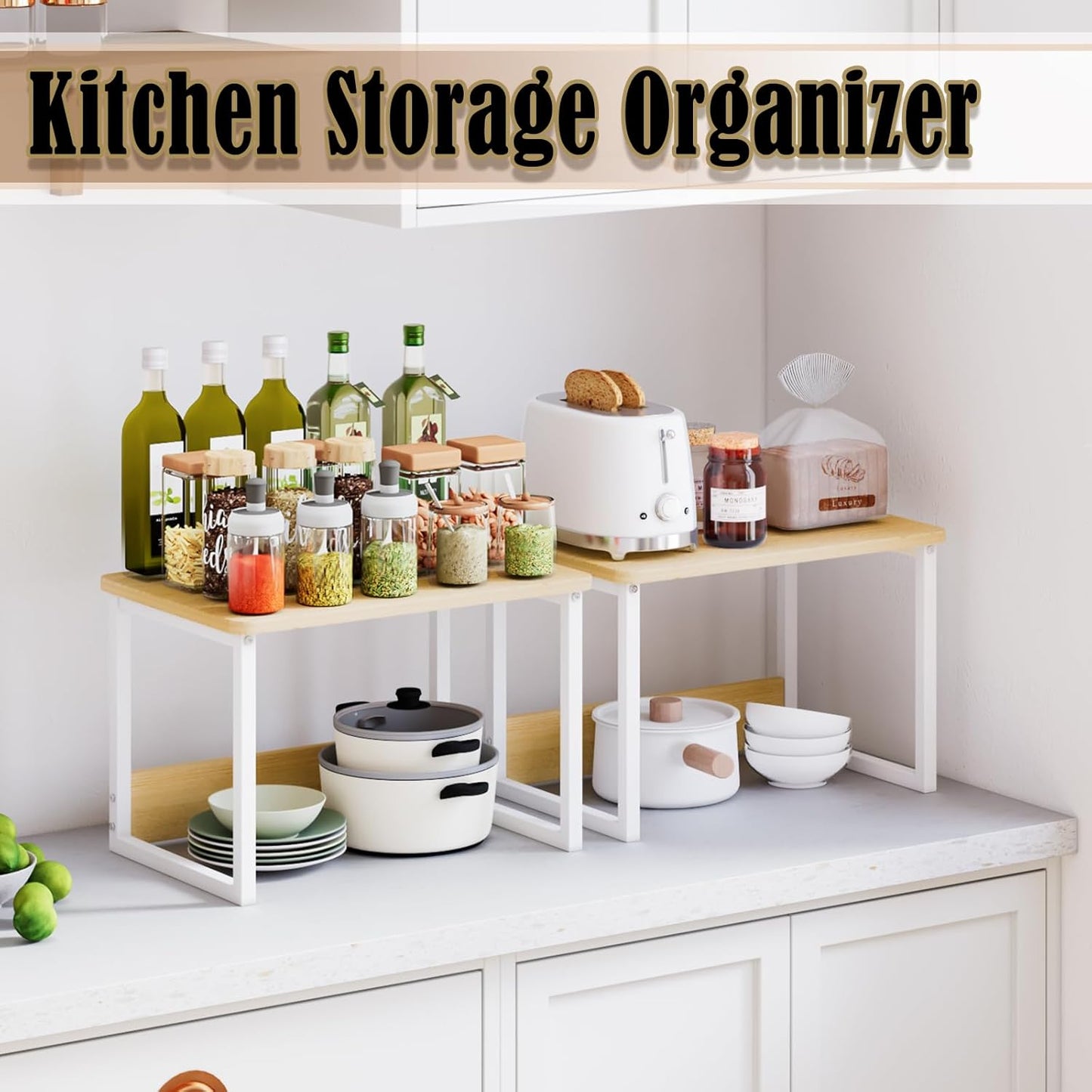 MARTY Kitchen Countertop Organizer Cabinet Shelf, 17x12.4 Large Spice Racks Counter Shelf Microwave Oven Rack Desktop Storage Organization for Kitchen, Office, Metal & Wood, Maple