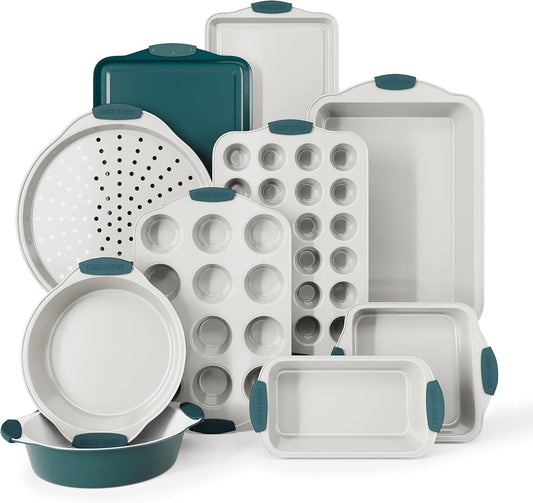 Country Kitchen Nonstick Stackable Bakeware Set - Heavy Duty, Durable, Easy Release Baking Set, Sage, 10 Pcs