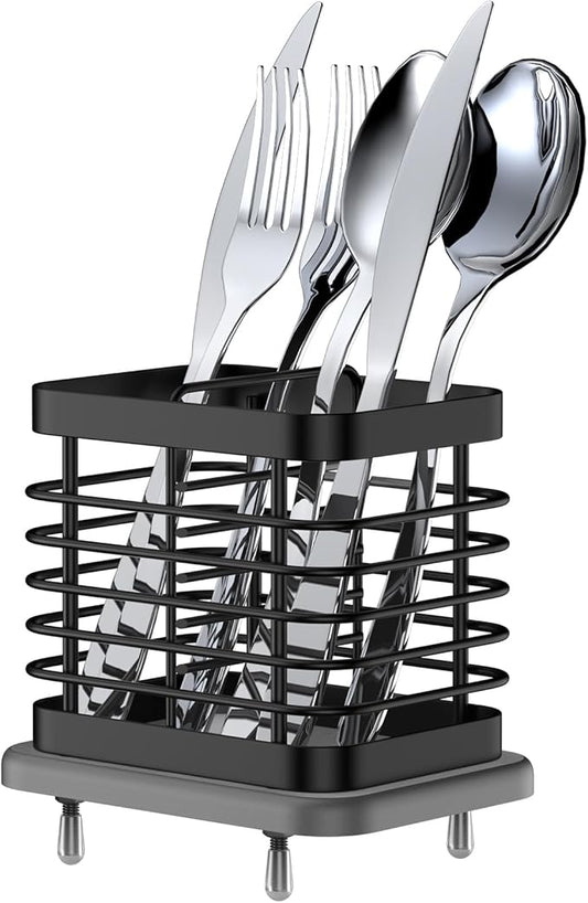 2 Slots Utensil Holder for Kitchen Counter, Small Stainless Steel Cutlery Holder Organizer with Drying Diatomaceous Earth Base, Utensil Drying Rack Spoon Fork Organizer Crock Storage, Black