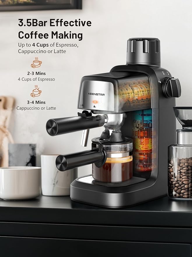 KEENSTAR 3.5Bar Espresso Machine with Milk Frother, 800W Compact Espresso and Cappuccino Machine with Preheating Function, 4 Cup Espresso Maker for Cappuccino or Latte, Gift for Coffee Lover