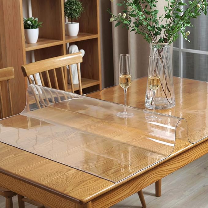 Table Protector PVC Clear Table Topper Cover Mat Liner 1.5mm Thick Clear Plastic Tablecloth Protective Desk Waterproof Wipeable Polyester Tablecloth PVC for Rectangle Moving Living Room 48X60