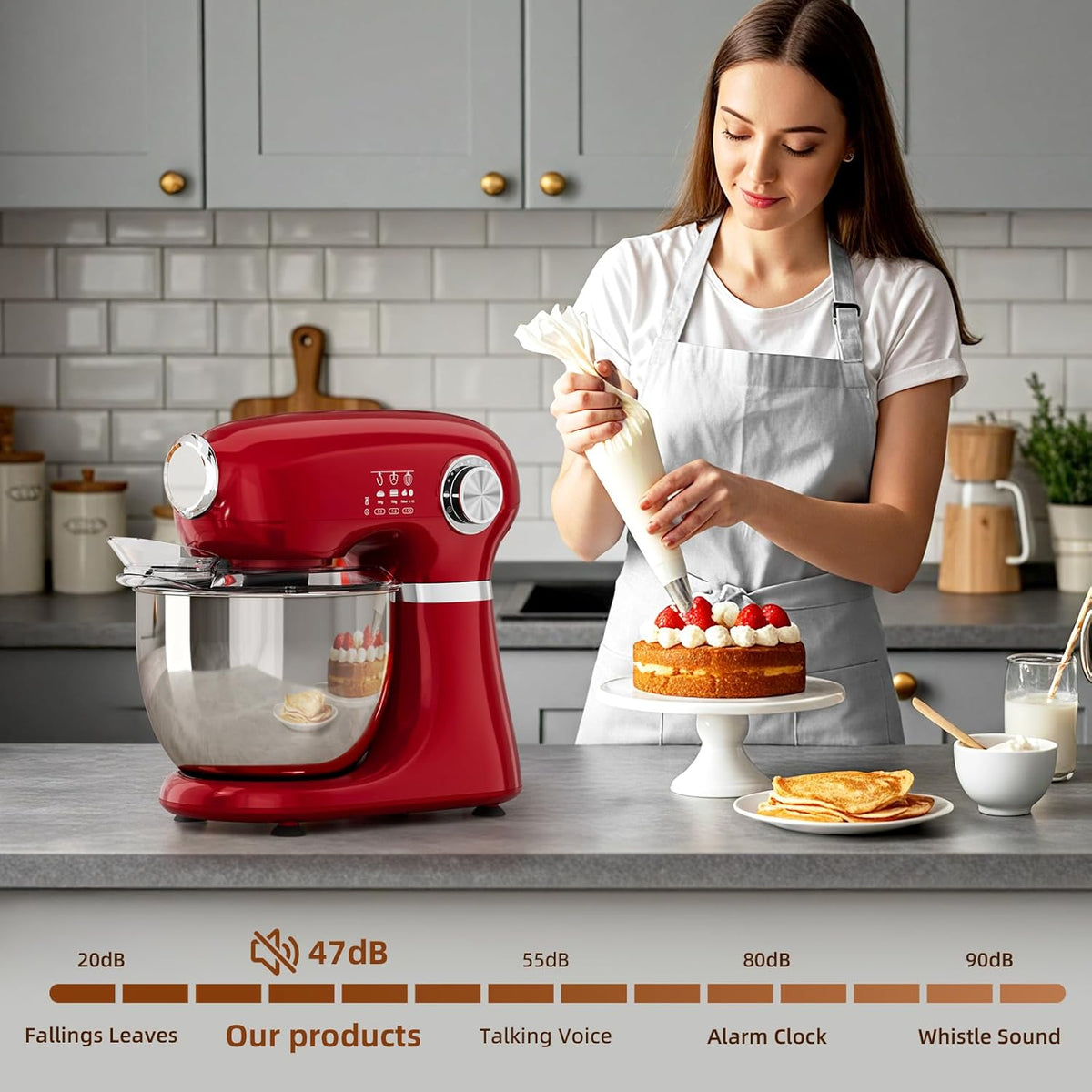 Cowsar Stand Mixer, 12 Speeds Tilt-Head Electric Commercial Stand Mixer, 3-In-1 Kitchen Mixer with Bowl, Dough Hook, Whisk and Beater, Red