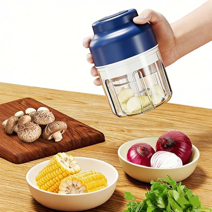 Electric Garlic Chopper, Mini Portable Veggie Cutter with 4/6 Stainless Steel Blades, Portable Wireless Rechargeable Mini Electric Garlic Food Chopper for Garlic, Onion, Chili, Nuts (2PCS-B,250ML)