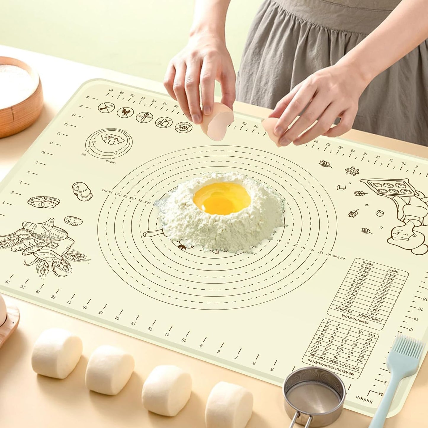 Silicone Baking Mat 28" x 20", Extra Thick Silicone Pastry Mat with Measurements and Edge Heightening, Non-stick Food Grade Dough Rolling Matfor for Pastry, Bread, Cookies, Pizza, Fondant, Pasta