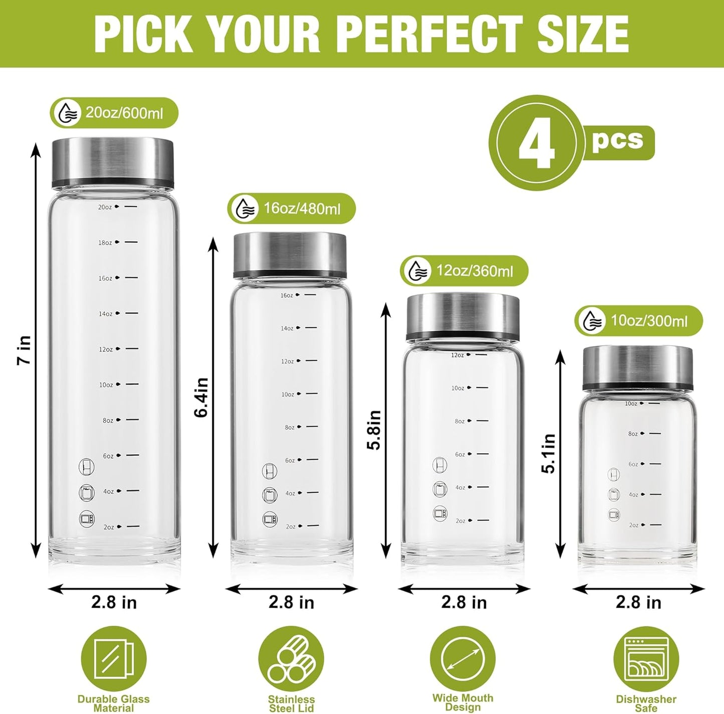 10oz Glass Juice Bottles – 4 Pack Reusable Wide Mouth Bottles with Stainless Steel Lids & Cleaning Brush, BPA-Free Water Bottles for Juicing, Smoothies, Milk, and Protein (300ml)