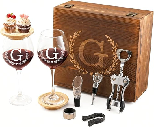 GZLDGIFTS Personalized Initial Wine Glasses Box Gift Set For Women Mom Engraved Birthday Monogrammed Wooden Christmas Gifts Wedding Anniversary Wine Couples Stopper Opener Initial Letterr (G Set)