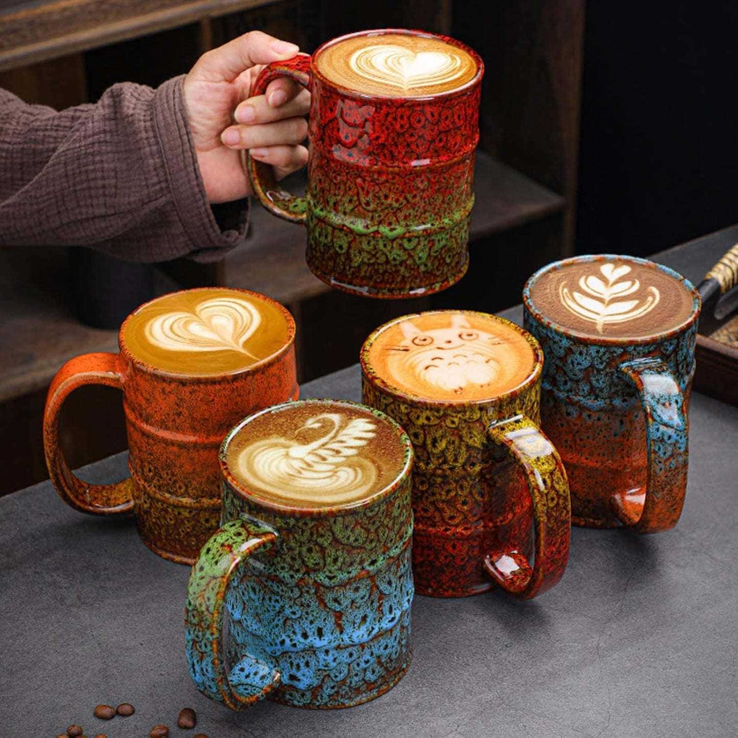 20 oz Ceramic Tea Cup - Large Coffee Mug for Office and Home - Dishwasher and Microwave Safe (2, Green and Blue)