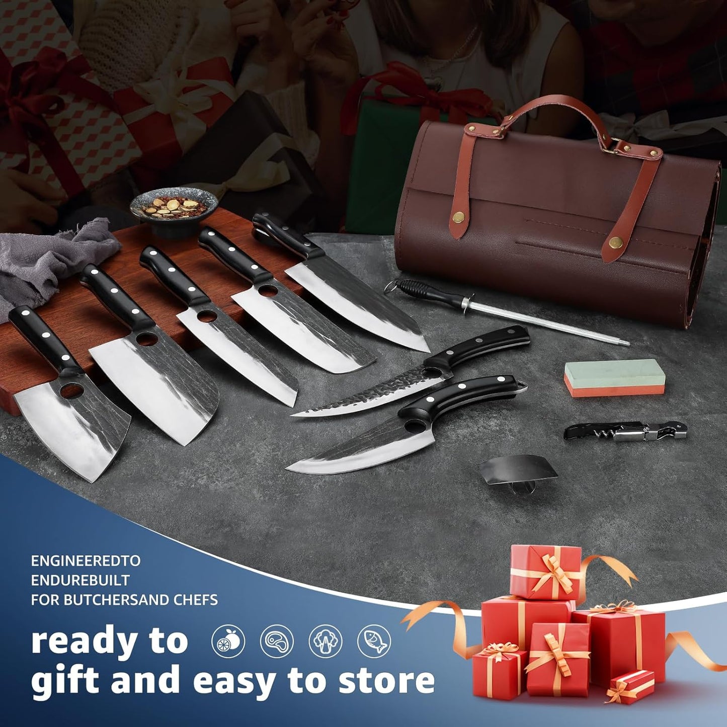 TIVOLI Butcher Knife Set for Meat Cutting, 13Pcs Upgraded High Carbon Steel Hand Forged Kitchen Knife Set with Roll Bag, Viking Chef Knife Set for Kitchen Outdoor BBQ