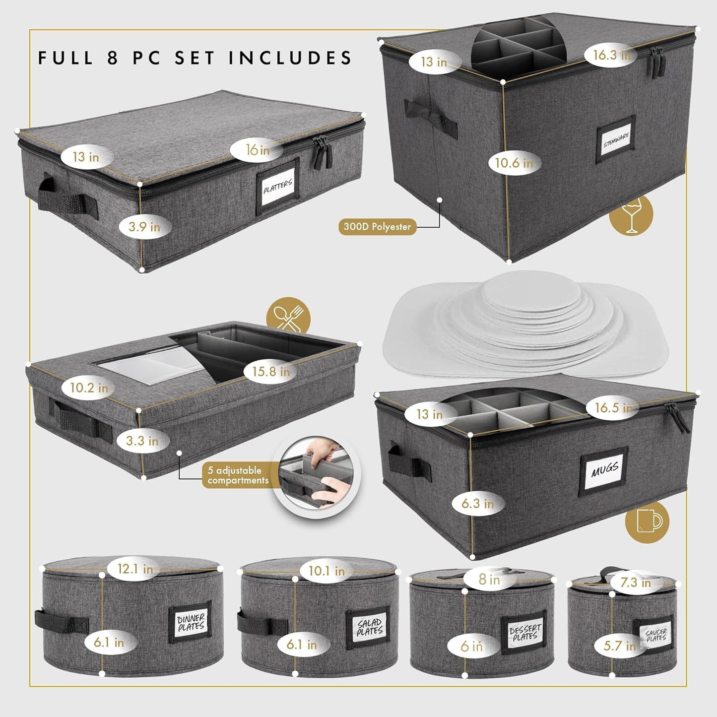 HOMELUX THEORY 5pcs Hard Shell China Storage Containers, Mug Storage Box & Plate Storage Containers, Heavy Duty Dinnerware and Coffee Cup Storage Box with Lid for Packing Dinner Plates and Glassware