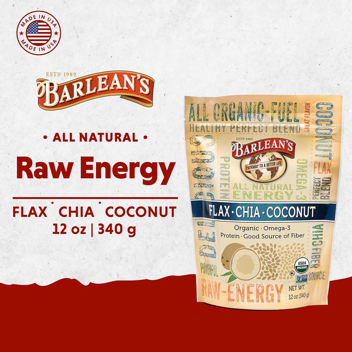 Barlean's Organic Flax Chia Coconut Seed Blend with 2,330 mg Omega 3 Fatty Acids, Fiber Supplement with Whole Chia Seeds and Ground Flaxseed, 12 oz