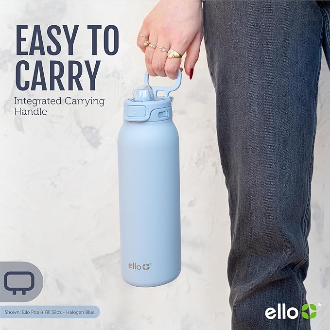 Ello Pop & Fill 22oz Stainless Steel Water Bottle with Quick Fill Technology, Double Walled and Vacuum Insulated Metal, Leak Proof Locking Lid, Sip and Chug, Reusable, BPA Free, Raincloud