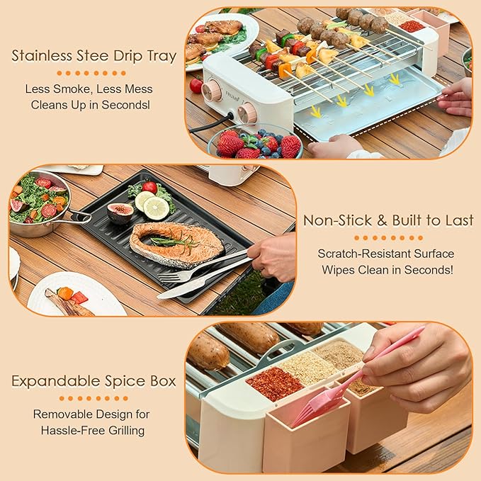 Electric Hot Dog Roller 6 Rollers - 3 in 1 Indoor Grills Portable with Non-stick & Smokeless Removable Grill & BBQ Griddle Plate,Stainless Sausage Grill Cooker Machine, for Family party Use