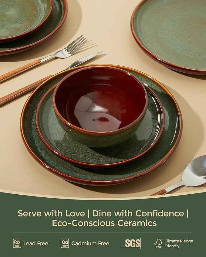 Stoneware Dinnerware Sets, Ceramic Plates and Bowls Set, Microwave & Dishwasher Safe Kitchen Dishes, Modern Dinner Salad Plates | Cereal Bowls, Dishware Sets Service for 4 Sage Green