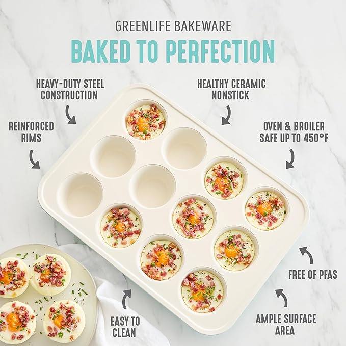GreenLife 6 Piece Nonstick Bakeware Set, Non-Toxic PFAS-Free Ceramic Oven Pans, Dishwasher & Oven Safe to 450°F, Easy Release Baking Sheet, Loaf Pan, Rectangle & Round Cake, Muffin Pan, Turquoise