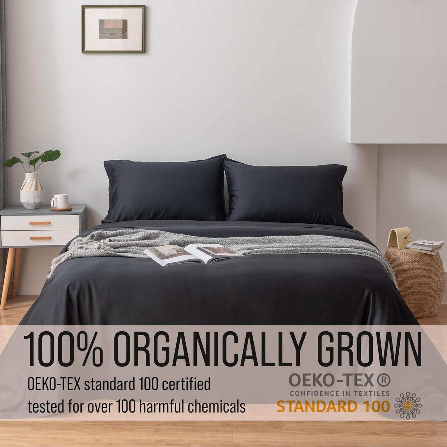 Bella Coterie Luxury Bamboo Viscose Split King Size Sheet Set | 100% Organically Grown | Ultra Soft | Cooling for Hot Sleepers | 18" Deep Pocket [Black]