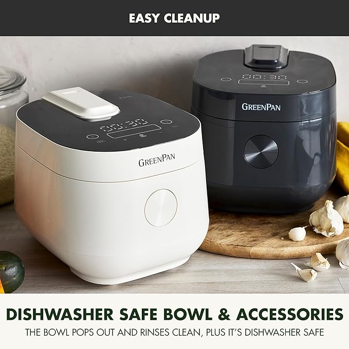 GreenPan Carb Reducing Electric Rice Cooker, 4 Cups Uncooked/8 Cooked Rice, 10 Presets, LED Display, Healthier Meals, Delay Timer, PFAS-Free Ceramic Nonstick Removable Bowl, Cool Touch, Steam, Graphite
