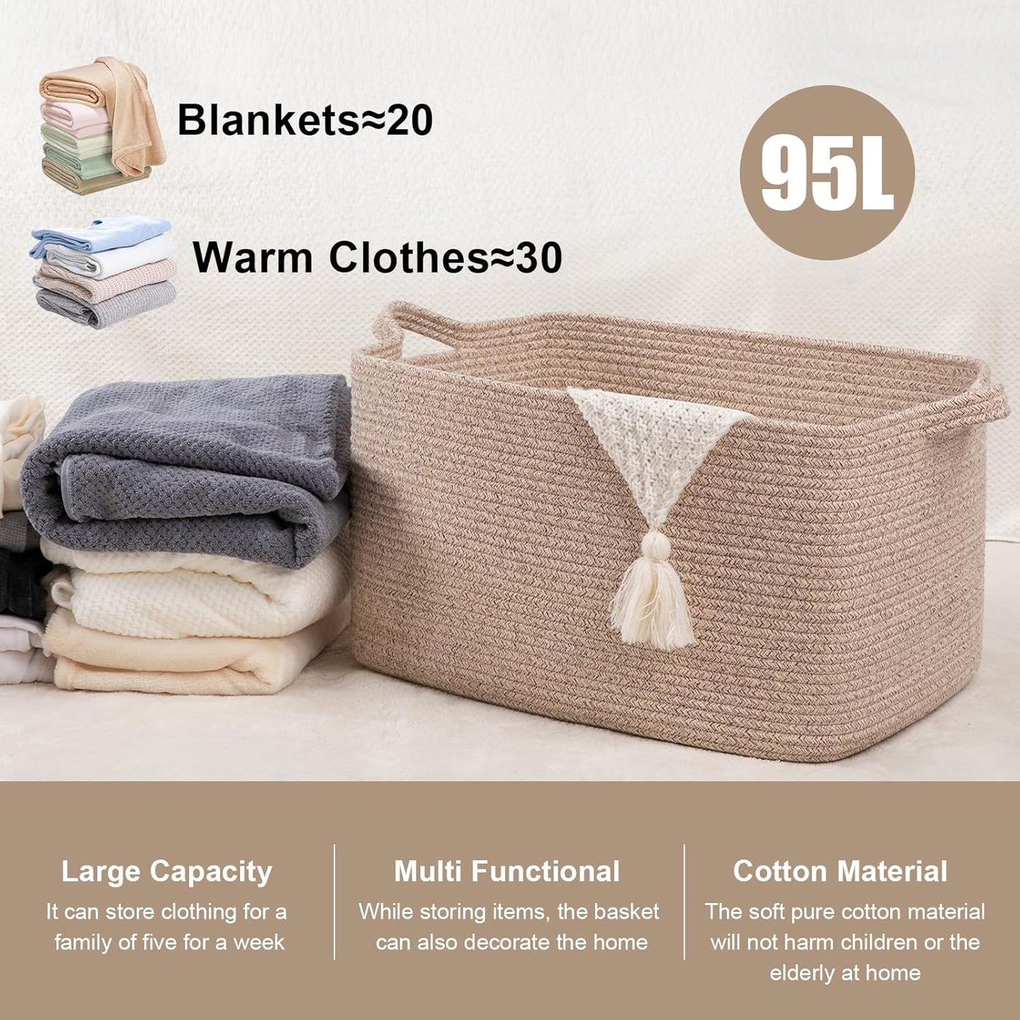 95L Large Storage Basket, Cotton Rope Woven Blanket Basket, Toy Storage for Baby Room, Living Room, 24" x 16.9" x 14.2", Brown