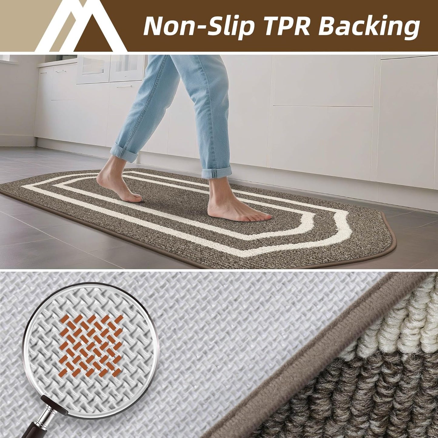 COSY HOMEER Long Kitchen Floor Mats for in Front of Sink Super Absorbent Kitchen Rugs and Mats 24"x48"+24"x59"Non-Skid Kitchen Mat Standing Mat Washable,Polypropylene,Brown,Frame
