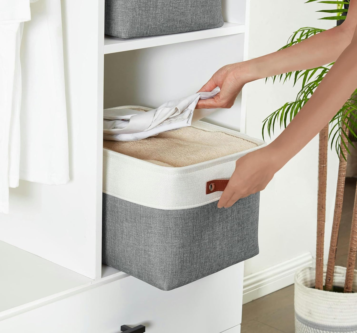 DECOMOMO Storage Baskets for Shelves - Fabric Storage Bins, Linen Closet Organizers and Storage (Slate Grey & White, XL - 3 Pack)